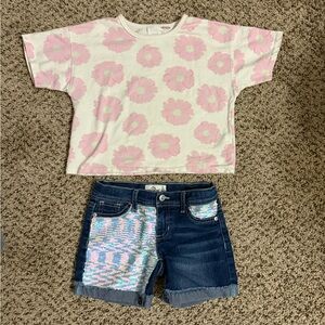 Jordache Flipped Sequin Denim Shorts with Zara Pink Floral Boxy Tee
